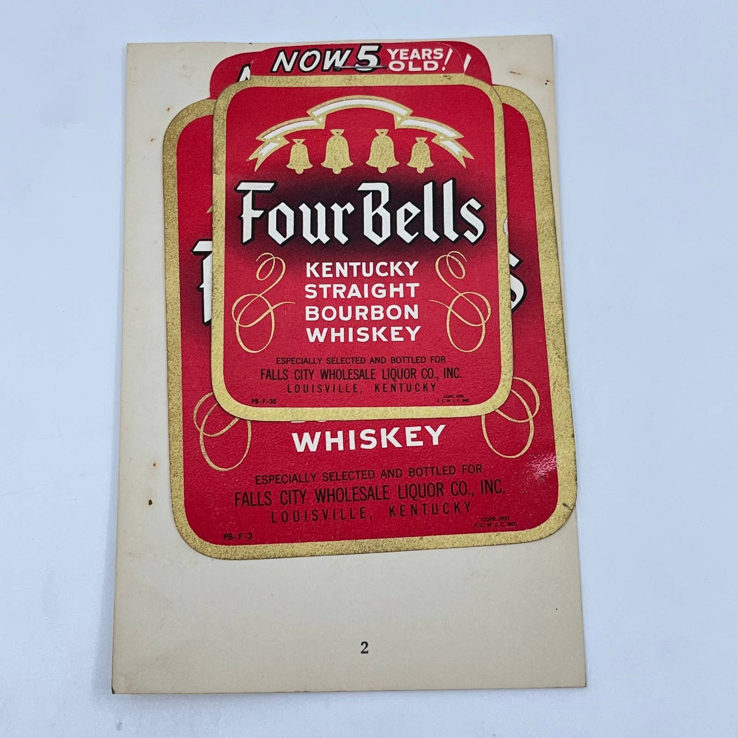 Four Bells Whiskey Label Set of 2 Falls City Wholesale Liquor Co Louisville KY