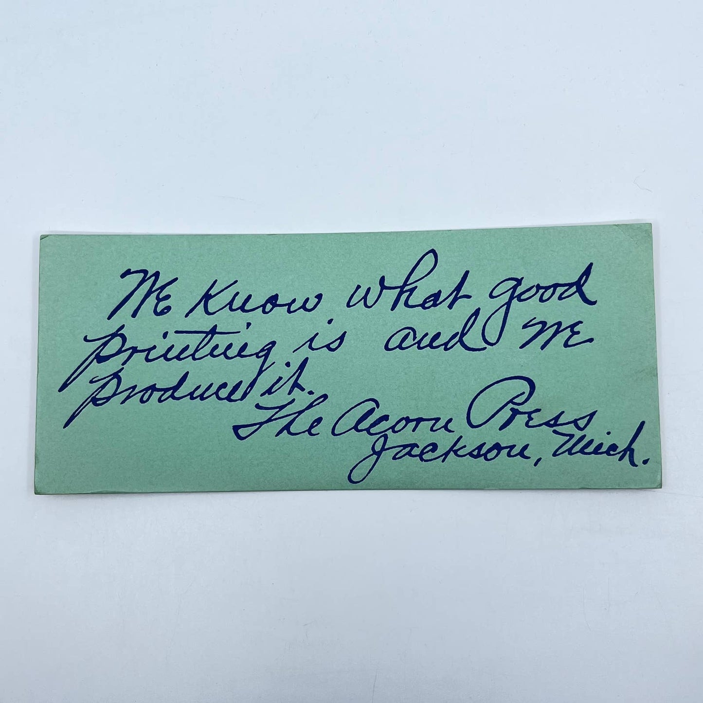 c1900 Blotter Card R.A. Moote The Acorn Press Teal Script Font Jackson MI TE4