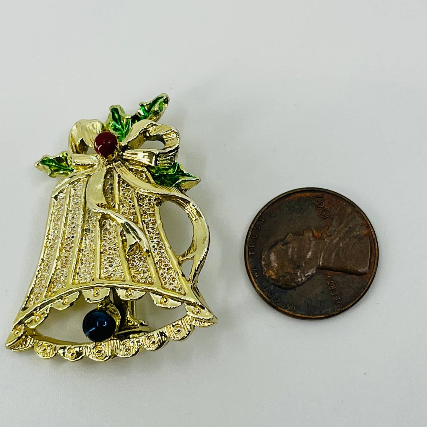 Vintage Gerry’s Enamel Christmas Bell Holly Pin Brooch Gold Tone SB2