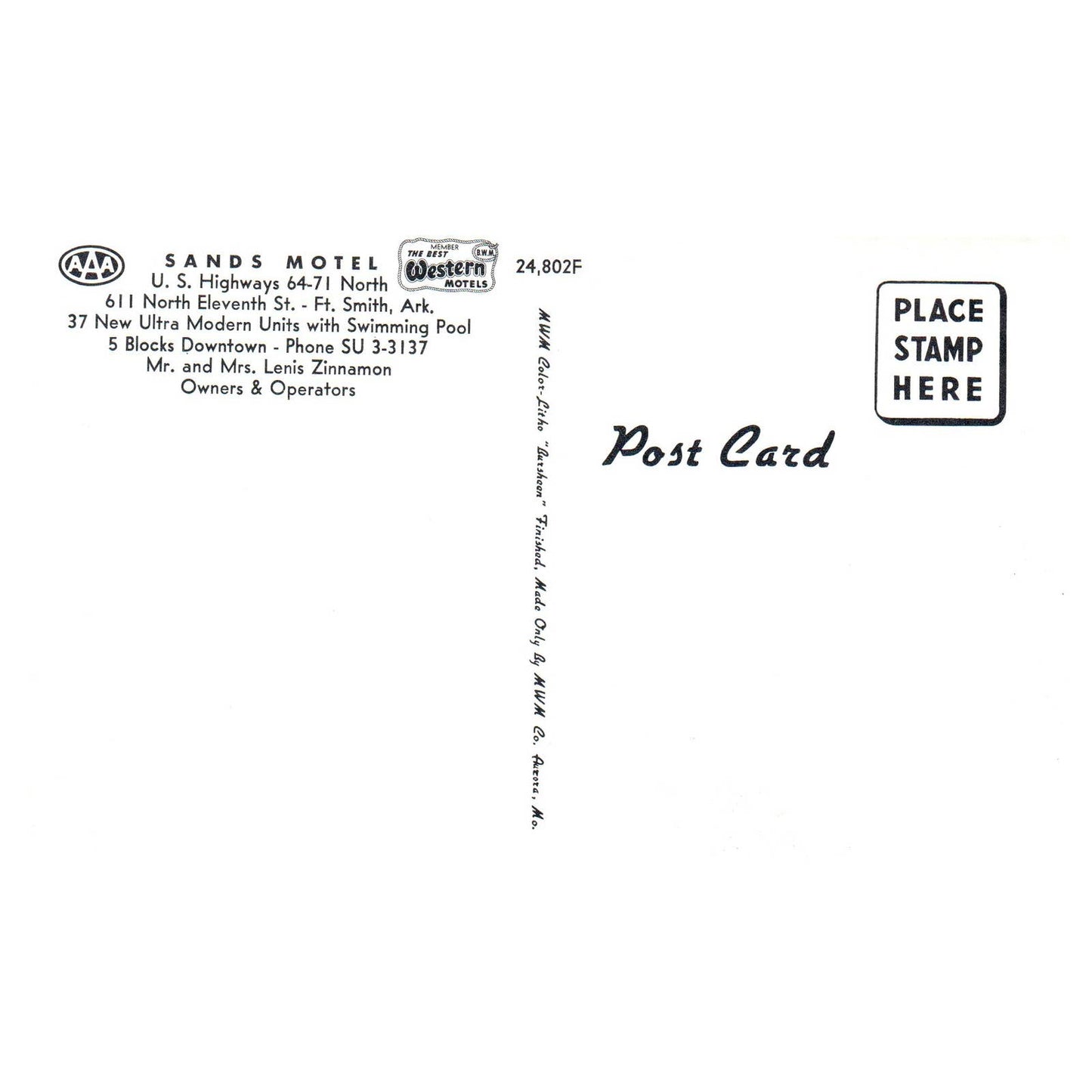 Sands Motel AAA Lenis Zinnamon Fort Smith Arkansas - Postcard TJ8-2