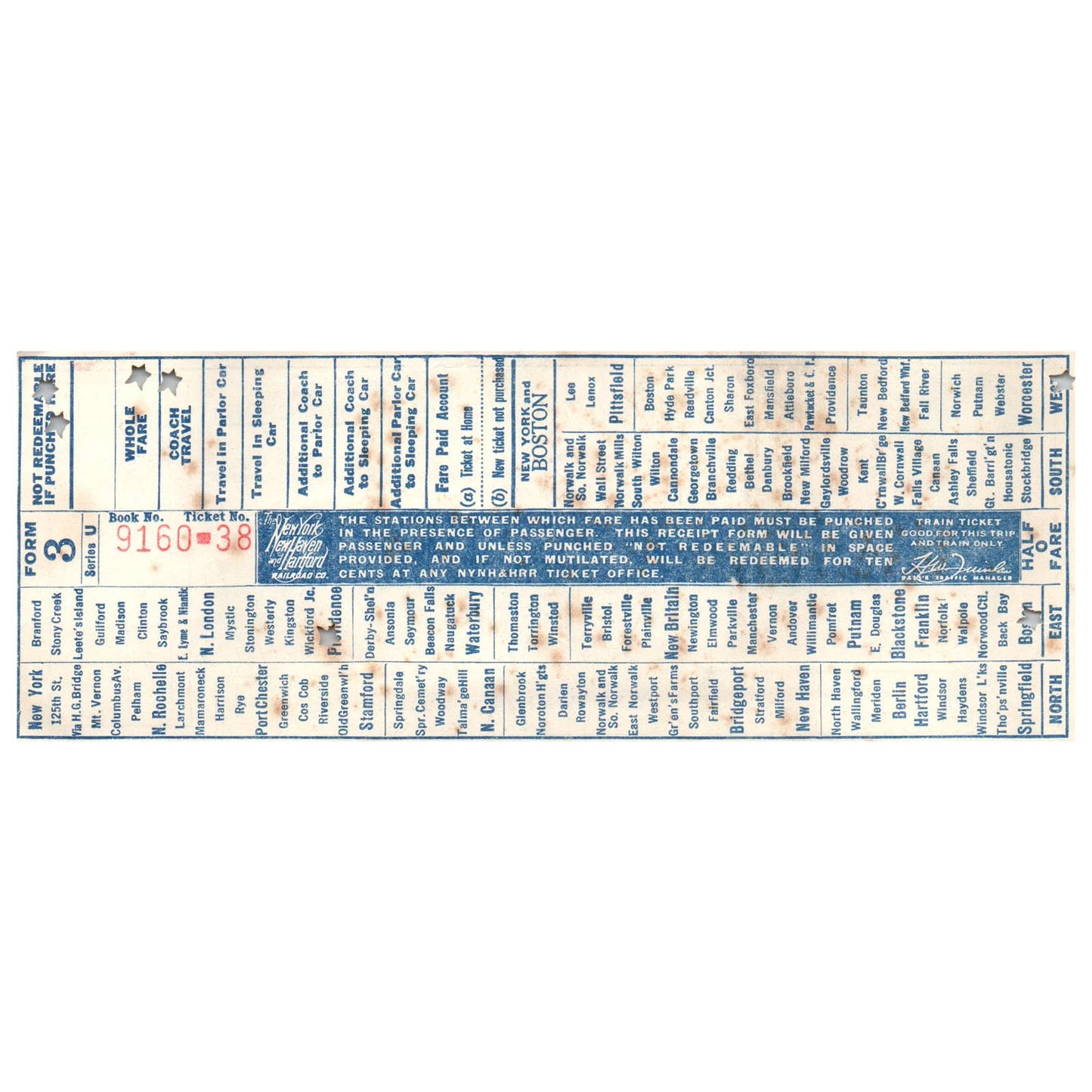 1940s New Haven Railroad Fare Voucher Punched SE4