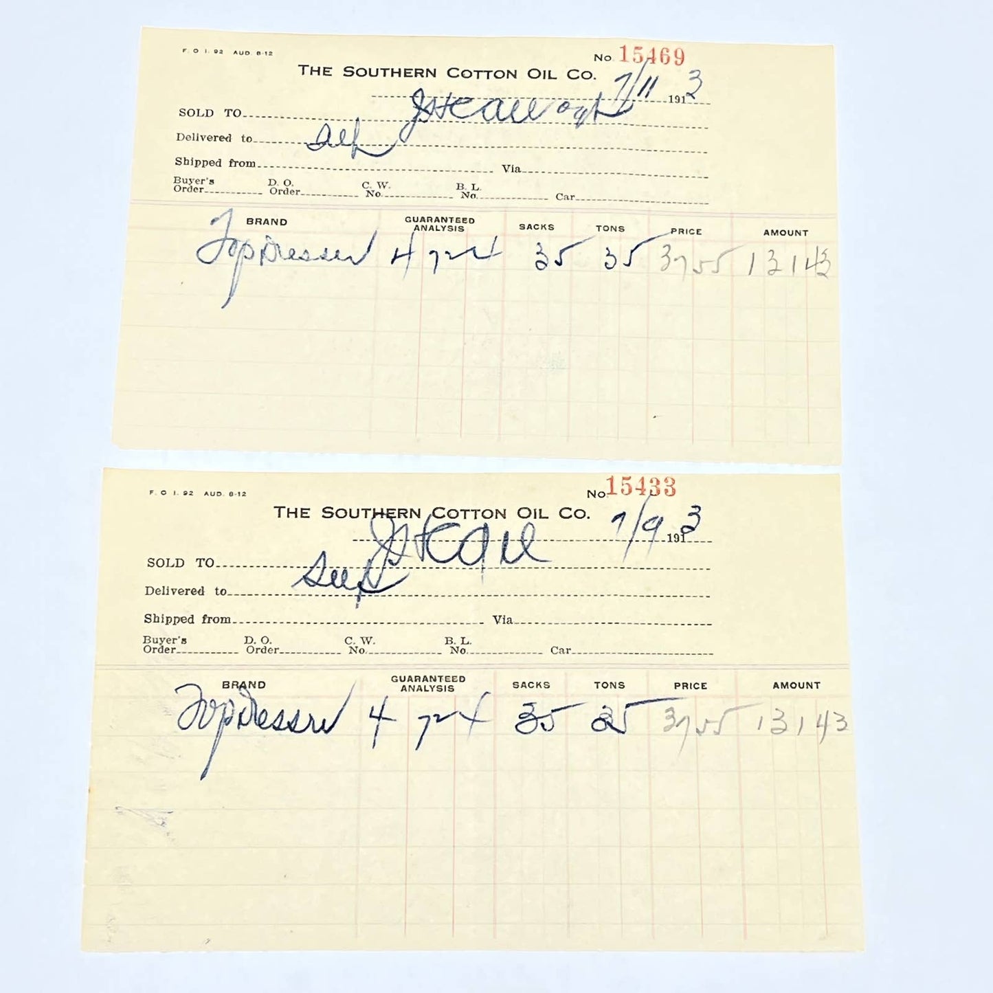 1913 Southern Cotton Oil Company Letterhead Receipt Allendale SC Set of 2 AC3-2