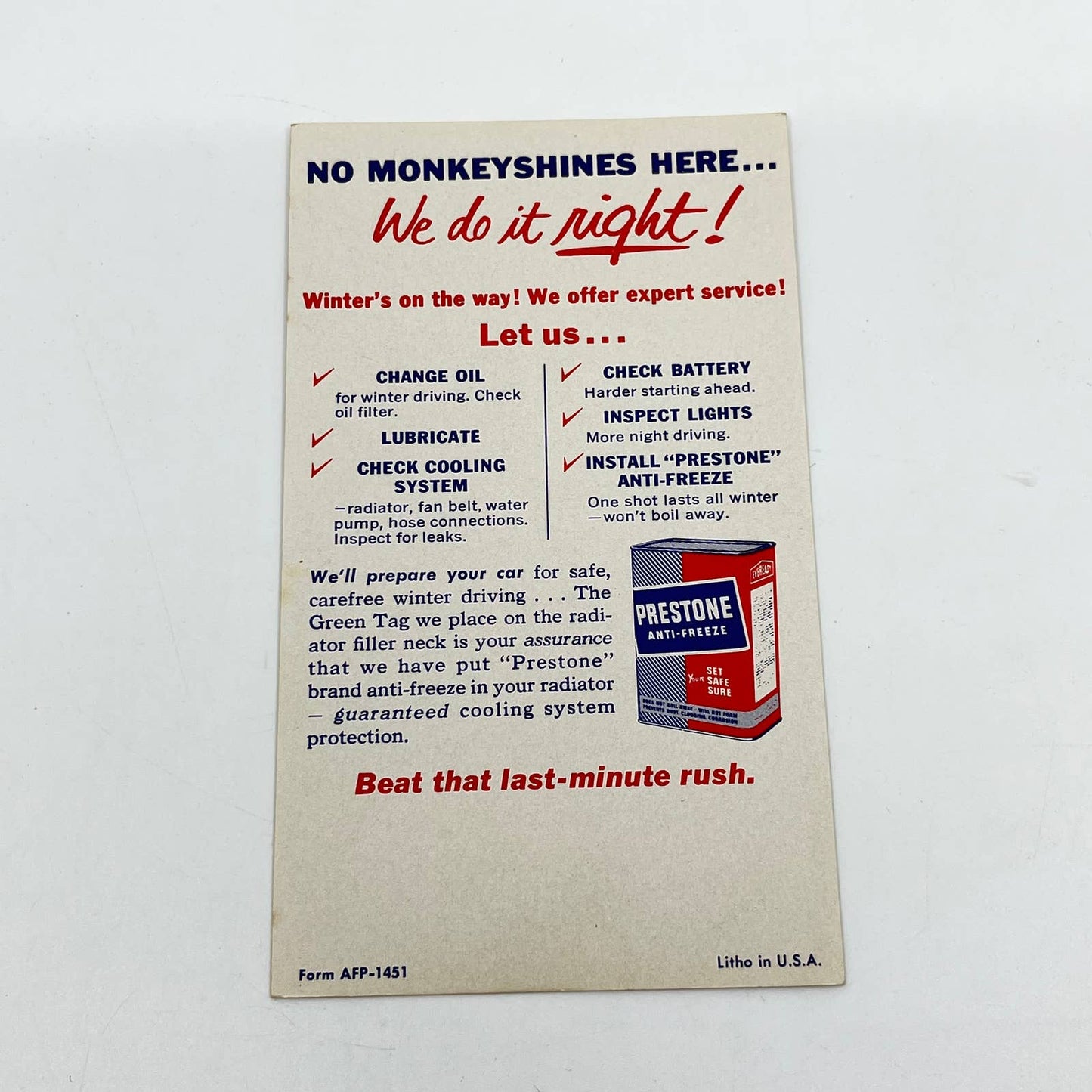 Prestone Anti-Freeze Adv. Card Lawson Wood Monkey Mechanics Monkeyshine SC8