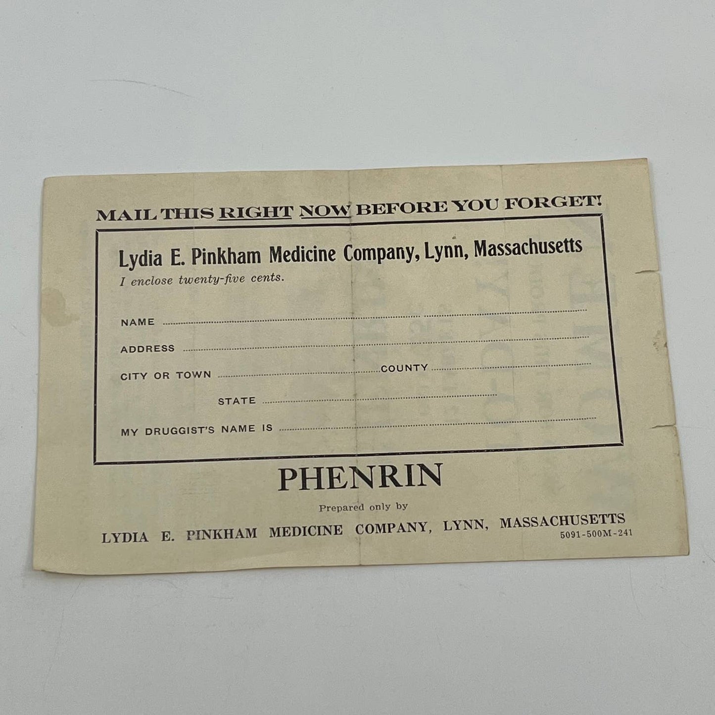 Antique Woman’s Phenrin Early Asprin Order Form Pinkham Medicine Co. Lynn MA D3