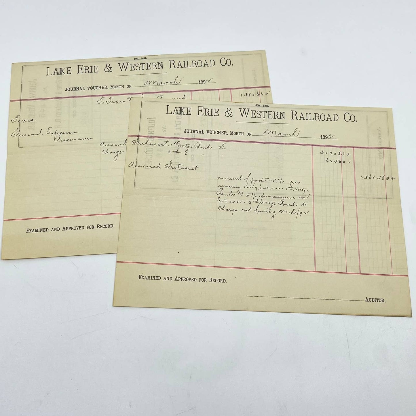 1892 Lake Erie & Western Railroad Co. Journal Voucher RR Lot of 2 AB1-7