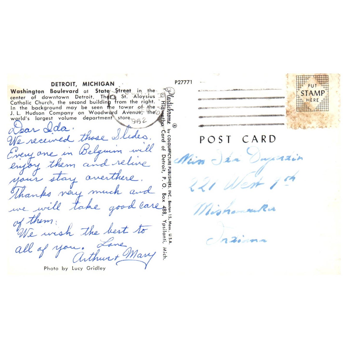 Vintage Postcard - Washington Blvd at State Street Detroit Michigan 1962 AD9