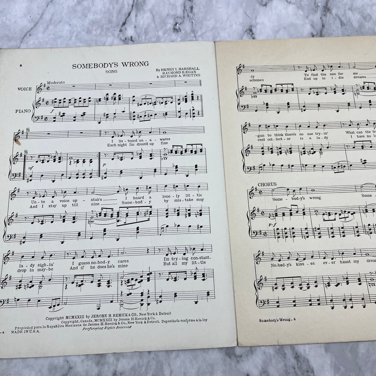 Somebody's Wrong Song Sheet Music Piano Sophie Tucker 1923 Vintage V39-4