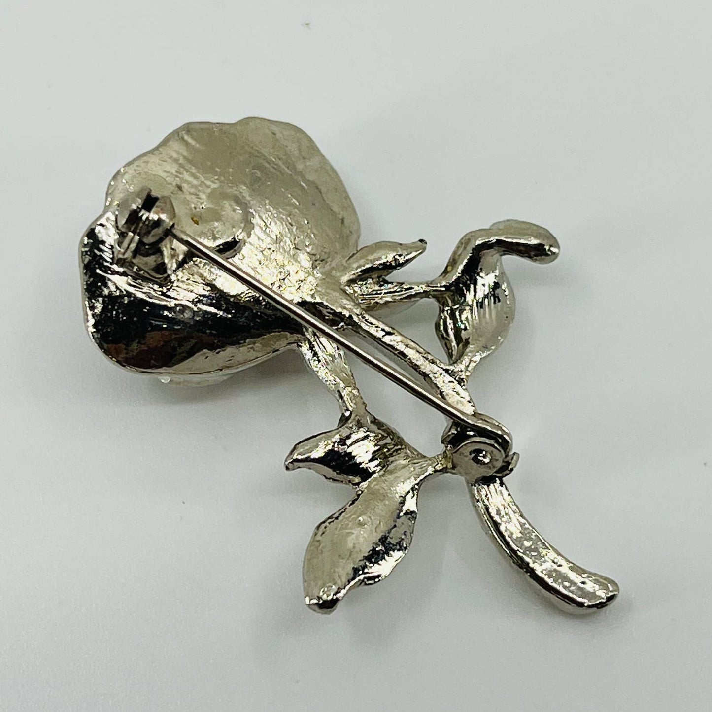 Vintage Faux Pearl Rose Pin Brooch Silver Tone SB2