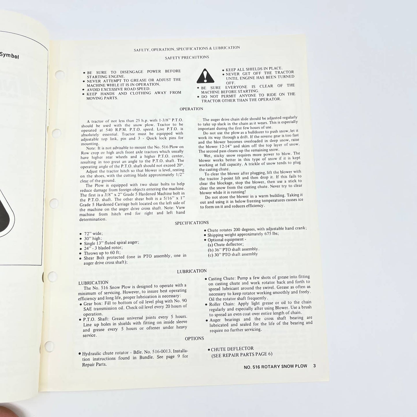 Original 1974 New Idea Manual 516 3 Point Hitch 6' Rotary Snow Plow RS506 TB9