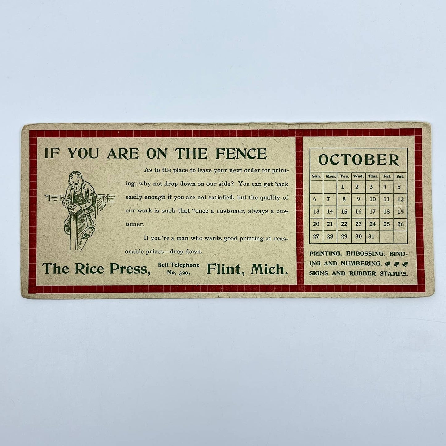 1910s Blotter Card The Rice Press On the Fence Oct Calendar Flint MI SC8