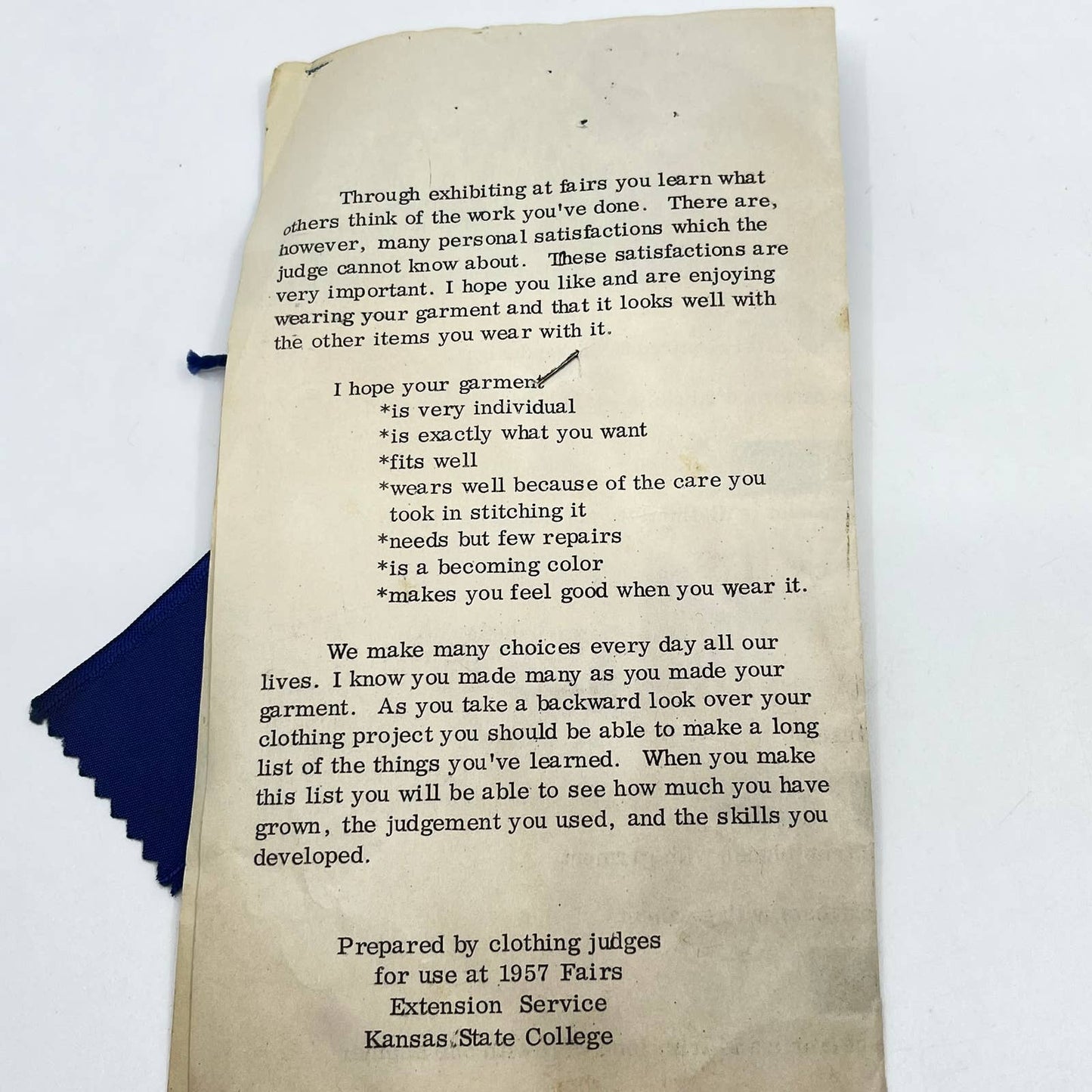 1957 4H Kansas Free Fair Blue Ribbon and Judging Leaflet Topeka AB2