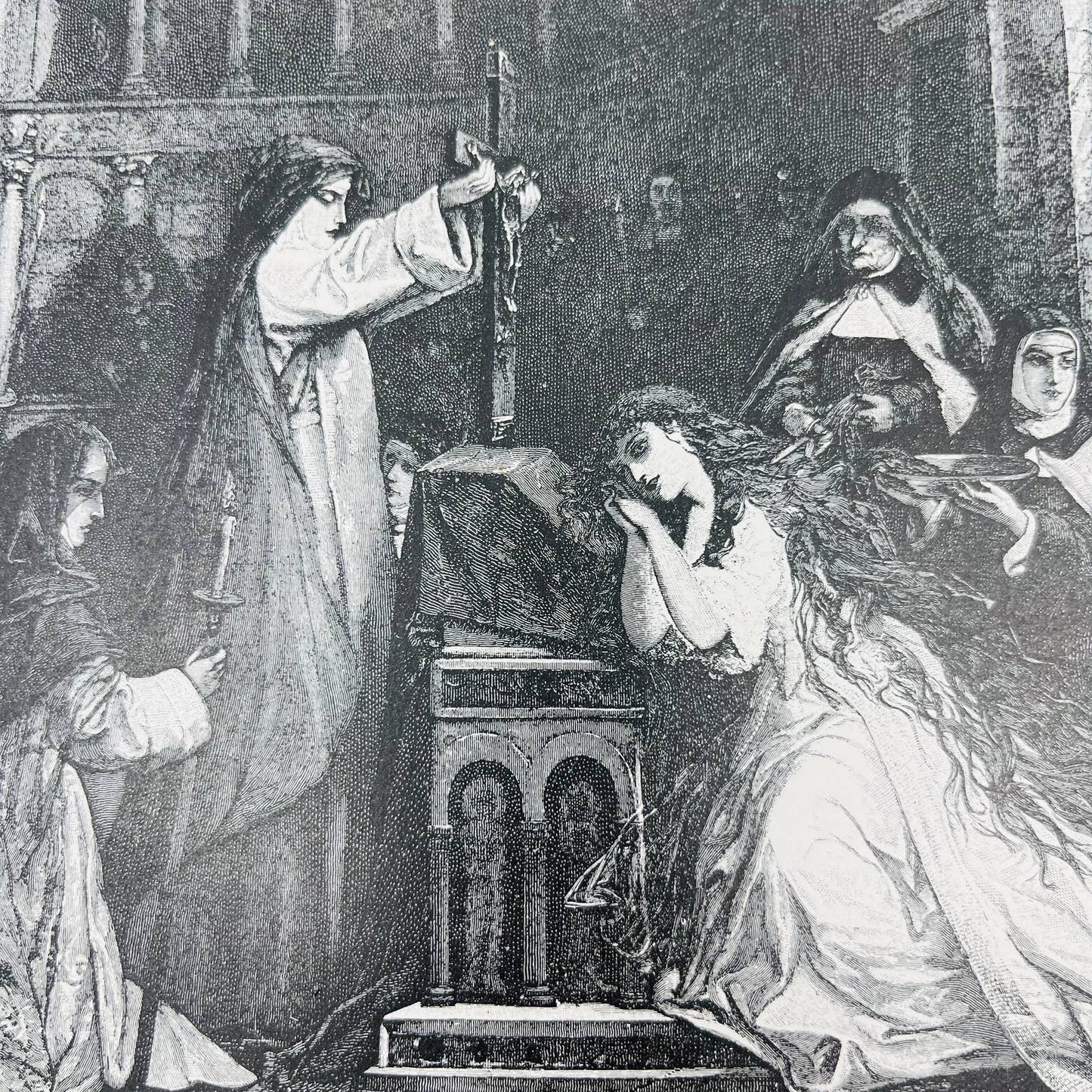 1880s Victorian Art Print Engraving LOUISE DE LA VALLIÉRE AT THE COVENANT