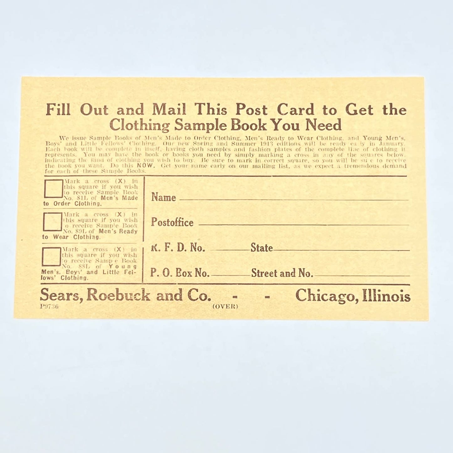 1920s Postcard Sears, Roebuck & Co Clothing Sample Book Request AC2