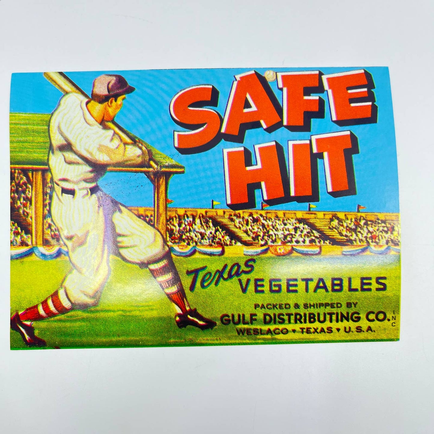 Original Safe Hit Baseball Texas Vegetable Crate Label Weslaco Texas FL3