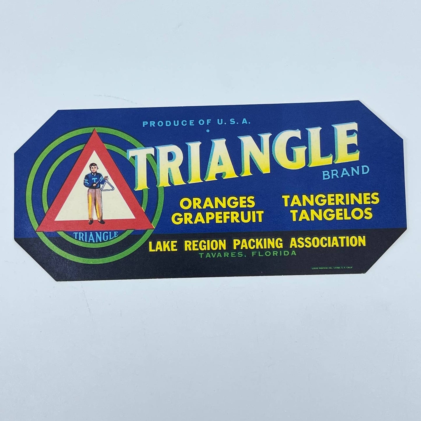 TRIANGLE Fruit Crate Label Citrus Lake Region Packing Tavares Florida FL3
