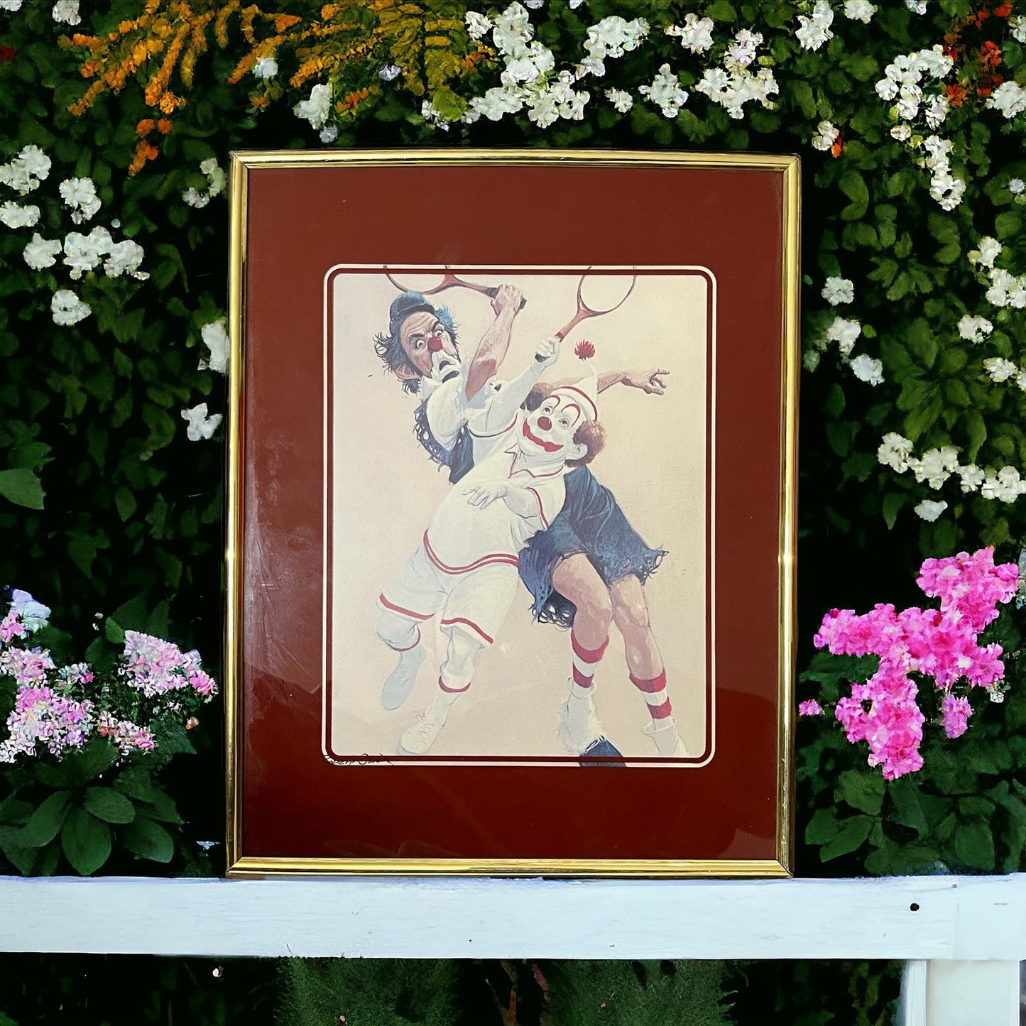 Vintage Retro Robert Owen Clown Hobo Print Playing Tenni framed 11x14" 3