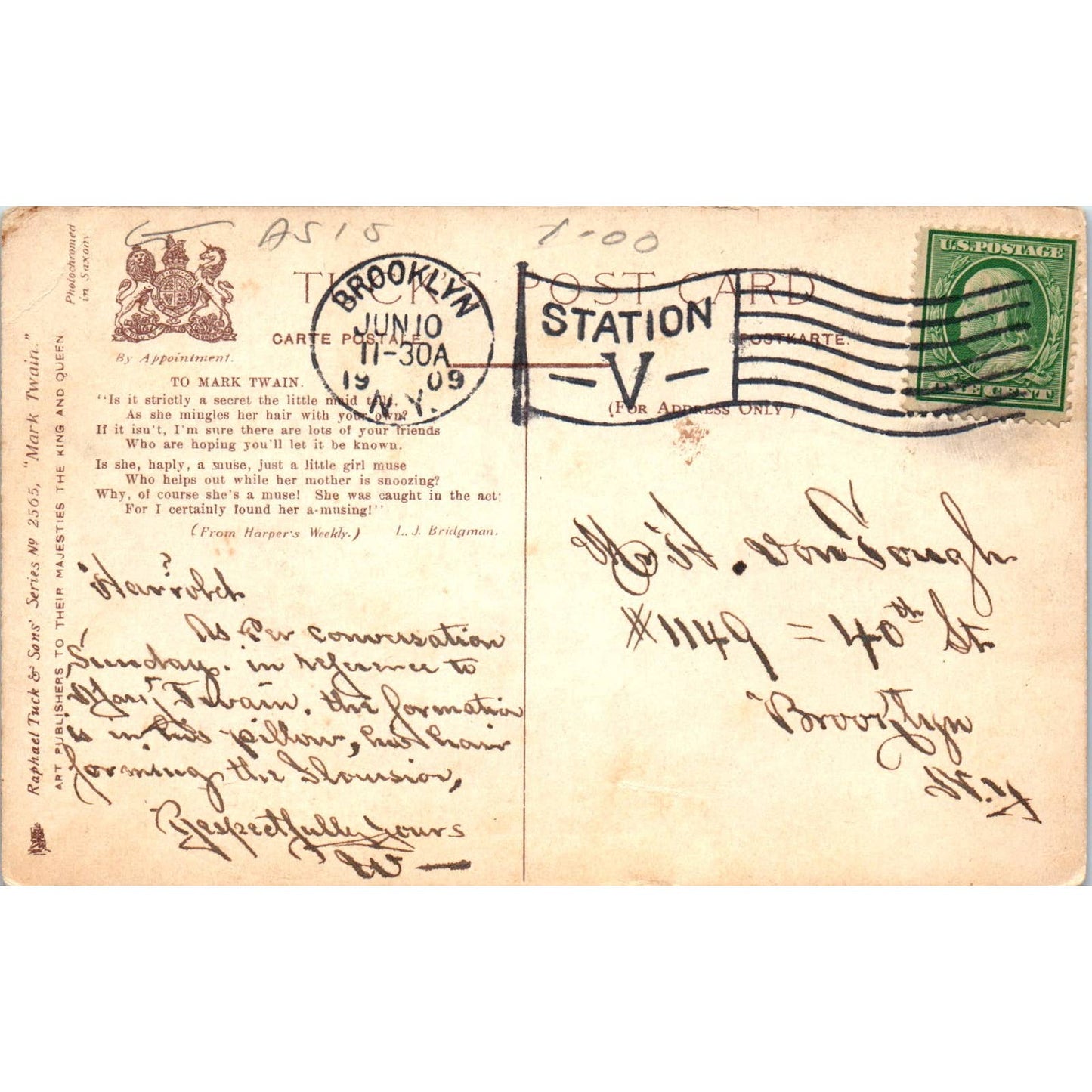 Mark Twain's Muse 1909 - Original Postcard TJ7-RP1