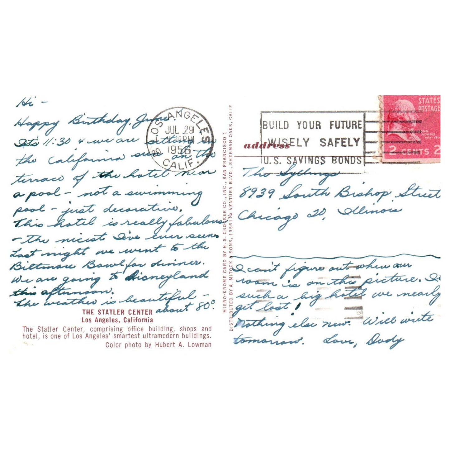Vintage Postcard - The Statler Center Los Angeles California 1956 AD9