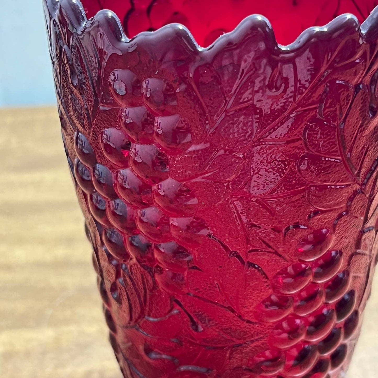 Vintage IMPERIAL GLASS Ruby Red Pressed Glass Harvest Grape Footed Vase 6” TB2