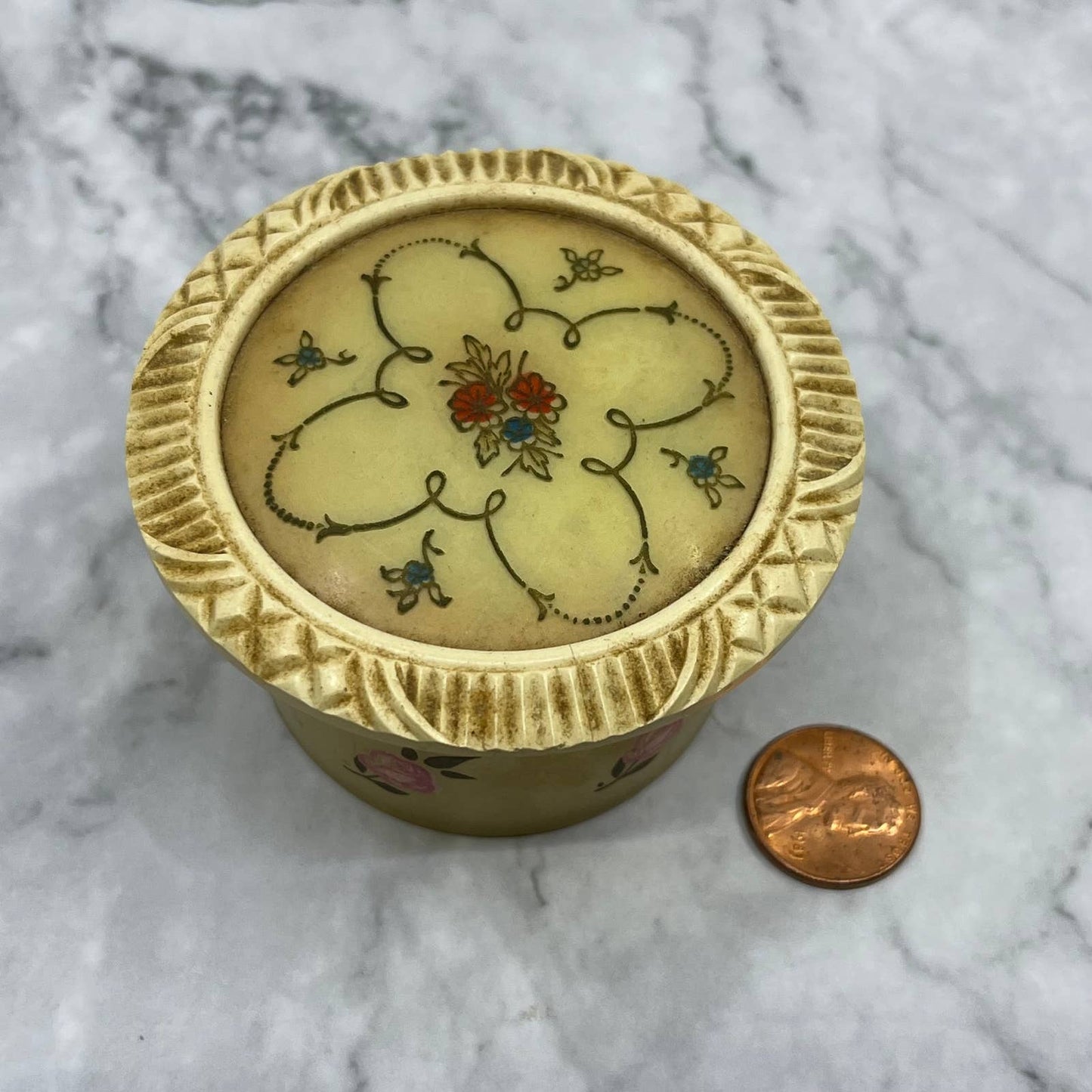 Art Deco Celluloid Powder Box Tulip Floral Vanity Plastic Jar Flowers TE4