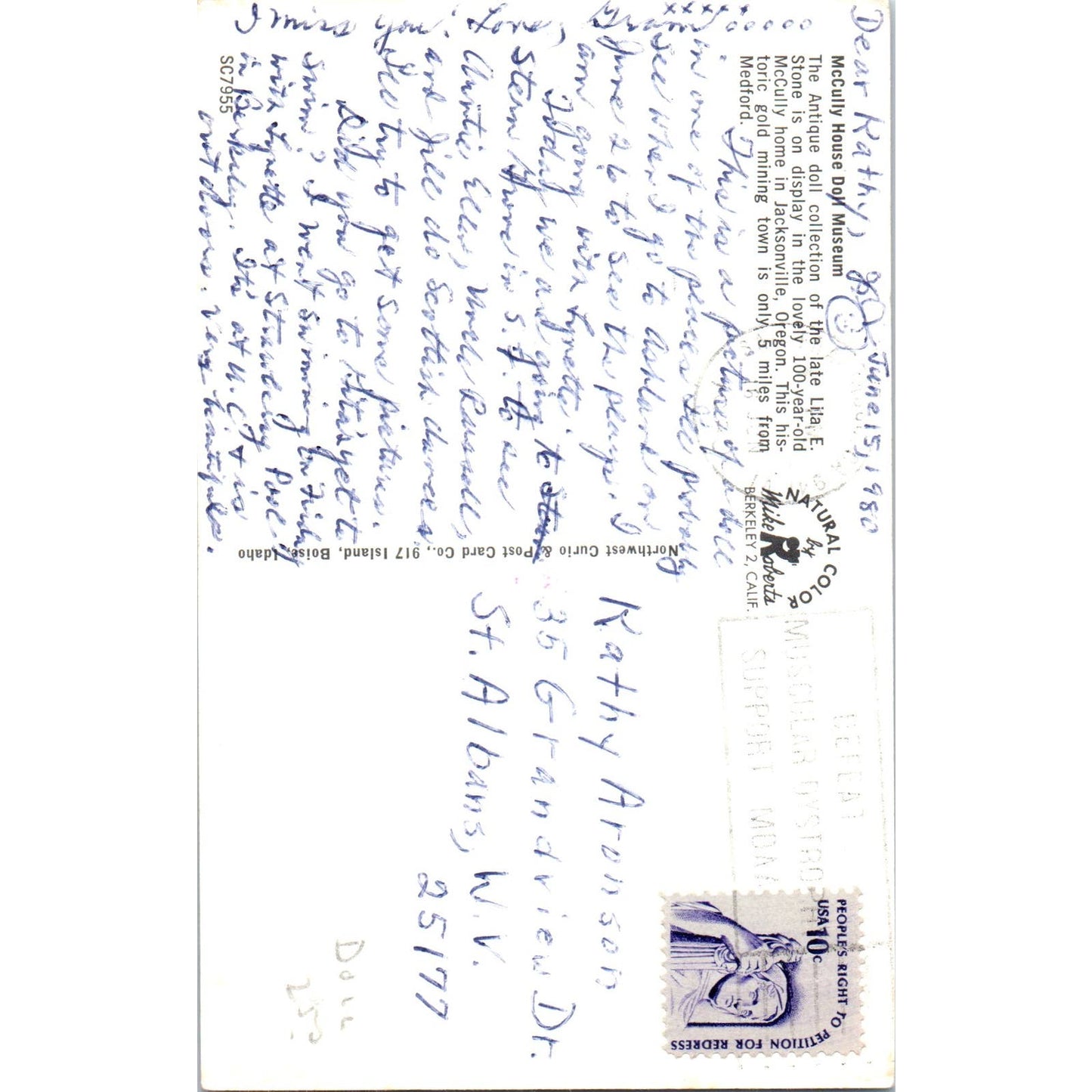 McCully House Doll Museum Lila E. Stone Jacksonville OR Original Postcard PB7