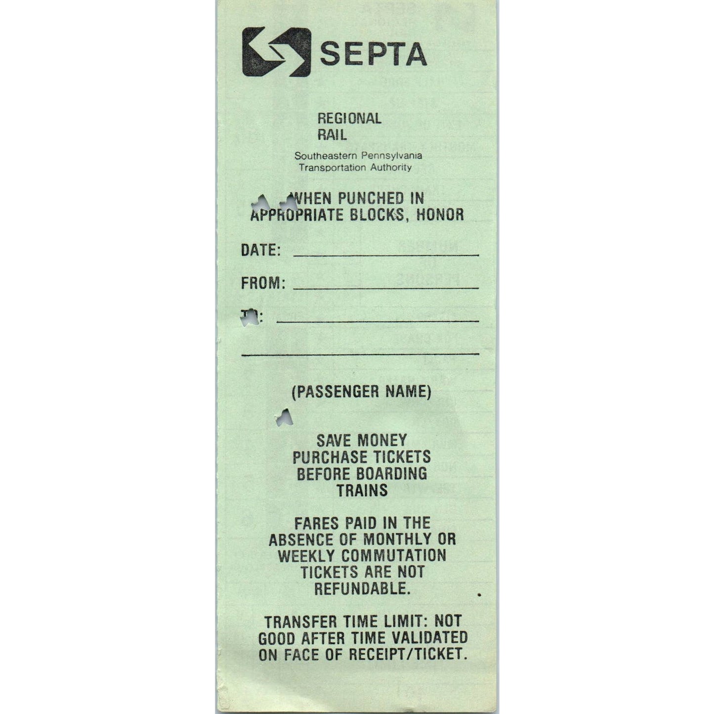 Vintage Septa Regional Rail Passenger's Train Ticket and Receipt SE8