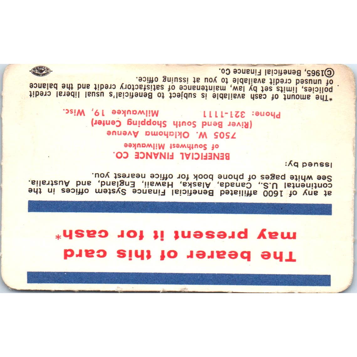 1965 Beneficial Finance System Cash Credit Account Card Milwaukee Obsolete SE5