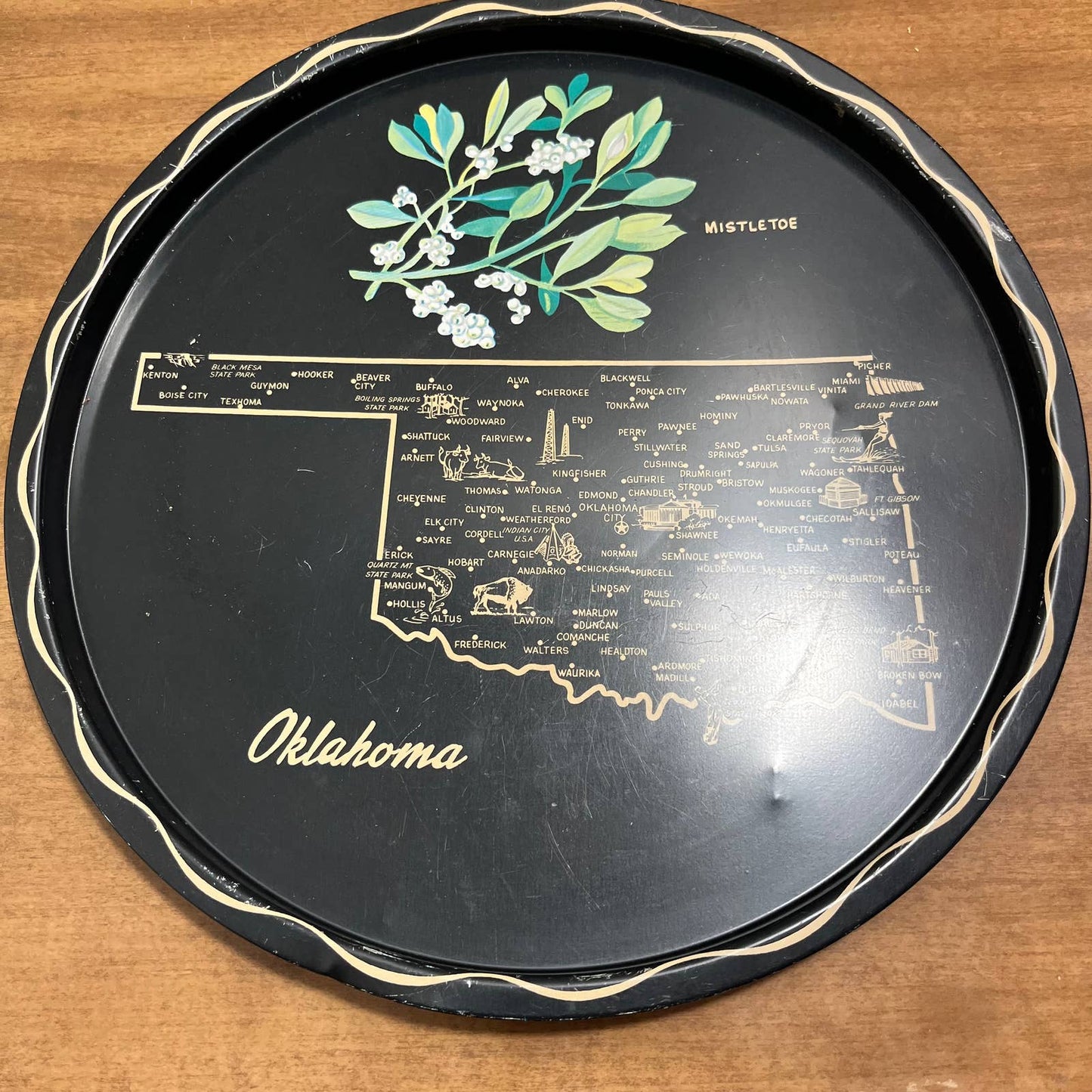 Vintage Black & Gold Metal State Souvenir Plate Tray Oklahoma 11” TG7