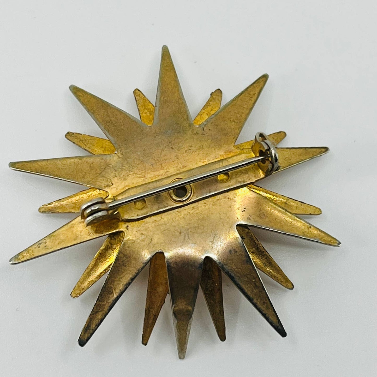 1950s MCM MOD Atomic Starburst Brooch Gold Tone Huge Rhinestone SA6