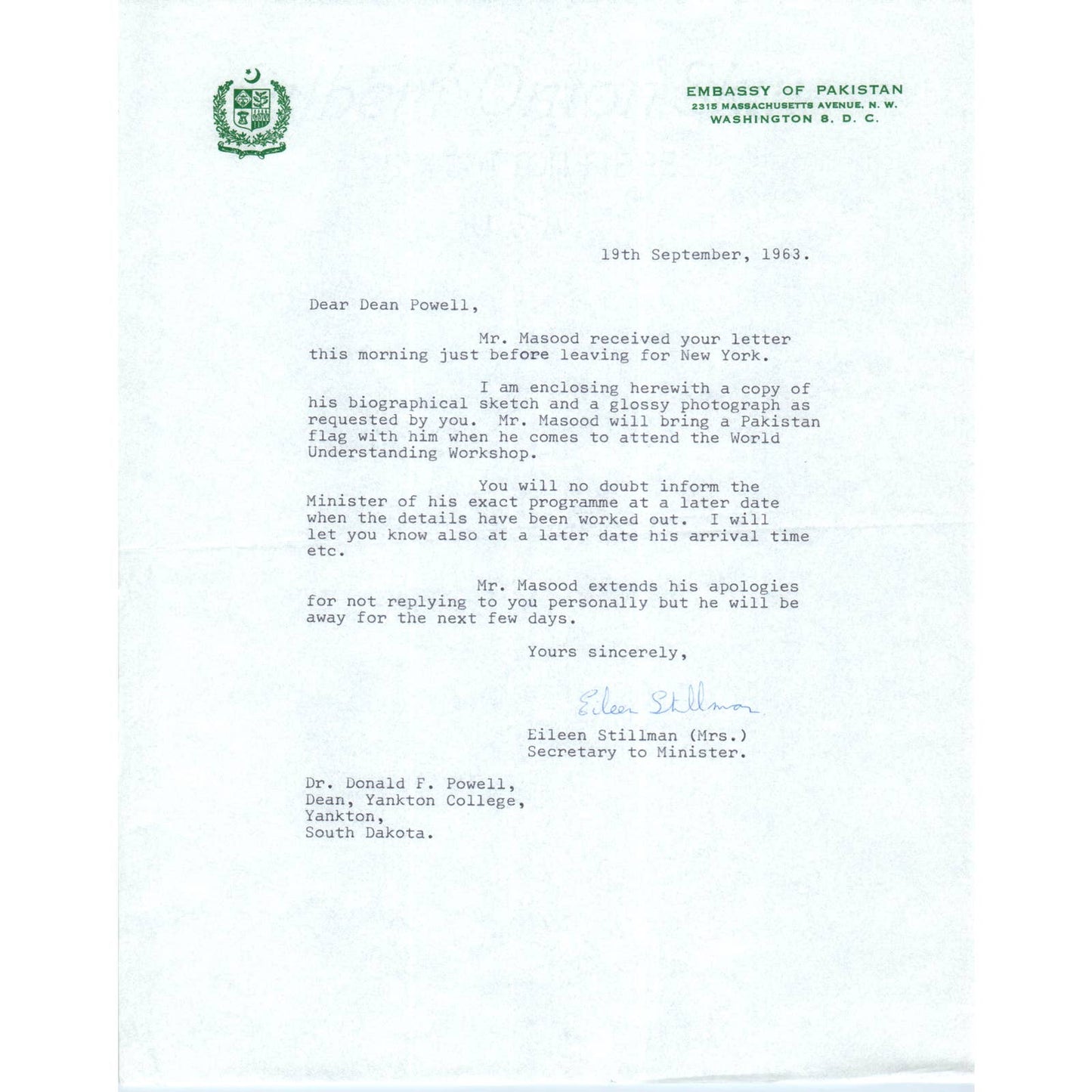 Embassy of Pakistan Official Letterhead Memo Eileen Stillman 1963 TK1-P10