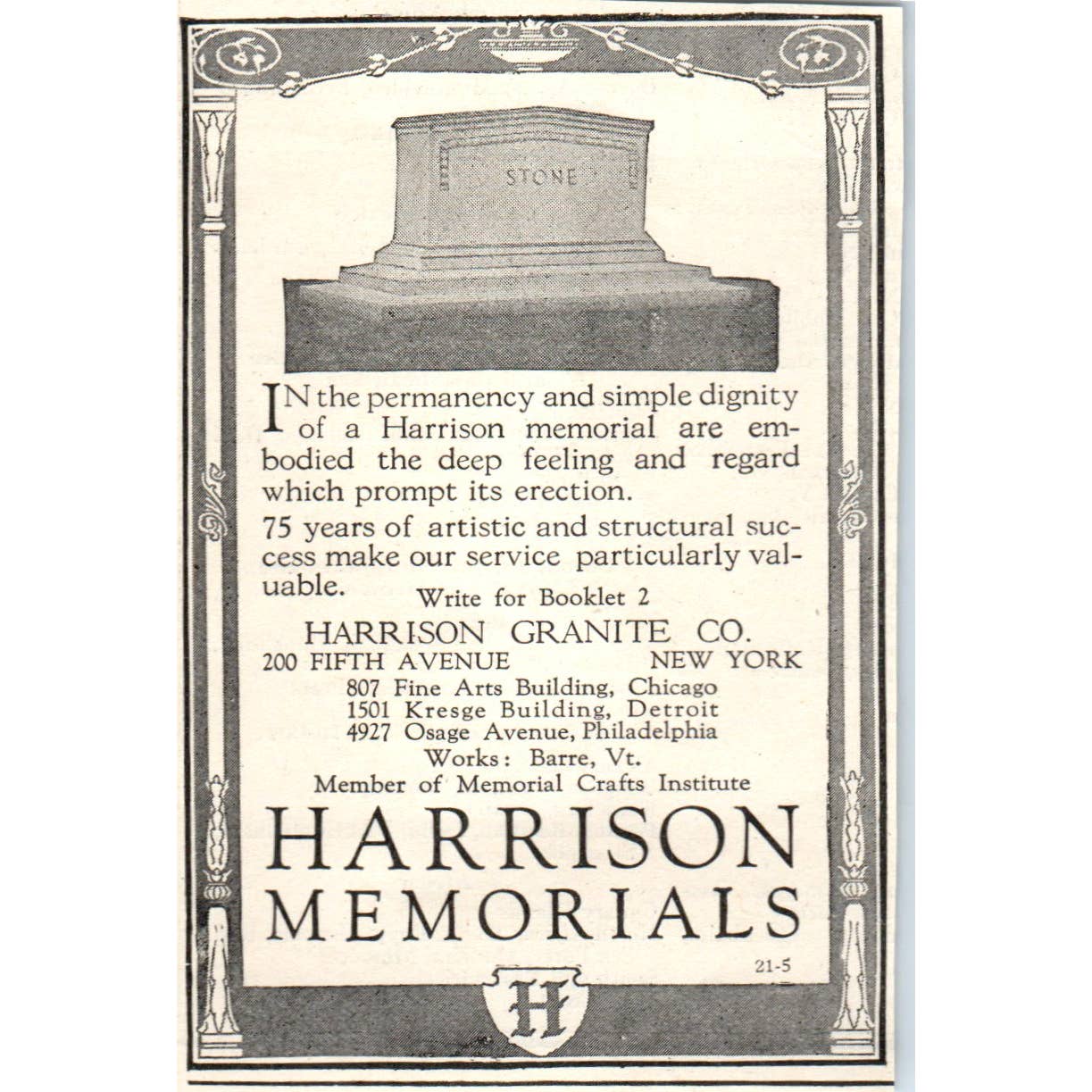 Harrison Memorials Harrison Granite Co NY Tombstones - 1903 Original Ad TJ7-L