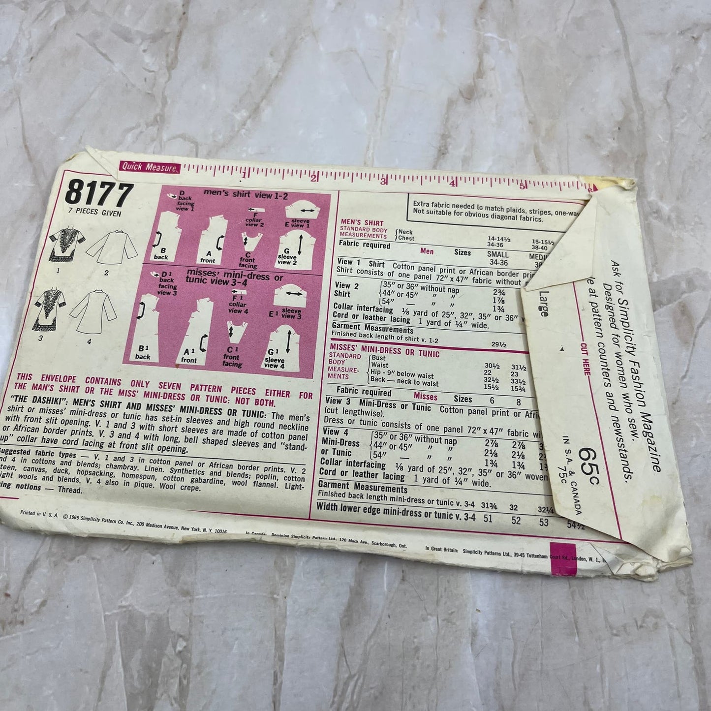 1960s Simplicity Sewing Pattern 8177, Mens Dashiki 42-44, Large TE5