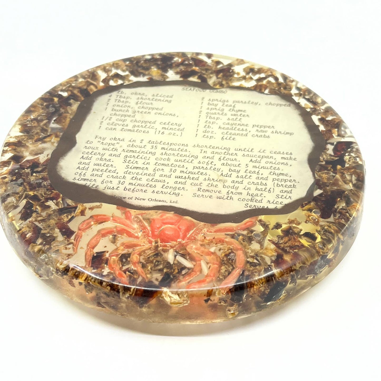 Retro Kitsch Lucite Trivet Seafood Gumbo Recipe Lagniappe New Orleans TC7