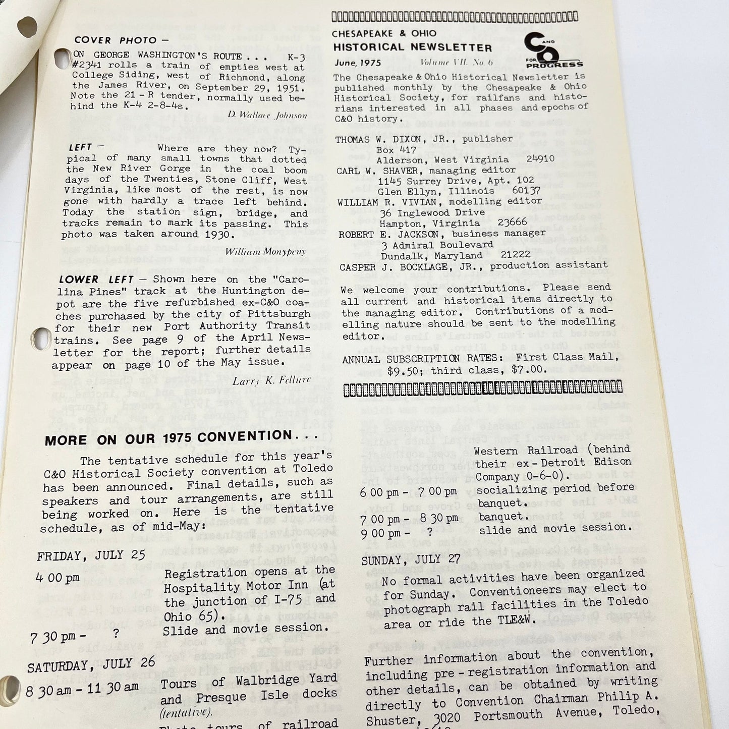 1975 June Chesapeake and Ohio Historical Newsletter C&O RR Thomas Dixon WV M1-2