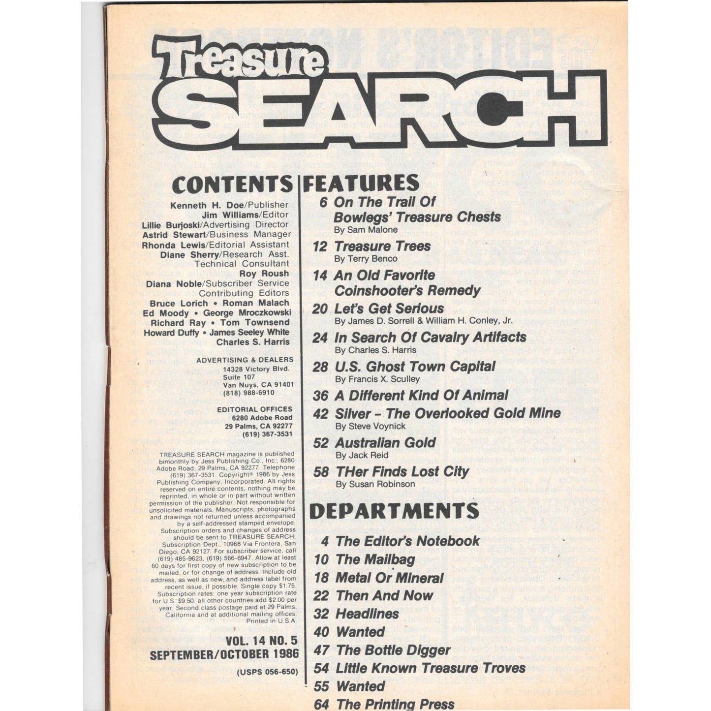 Treasure Search Magazine 1986 Sept/Oct Metal Detecting Gold Diamonds M2