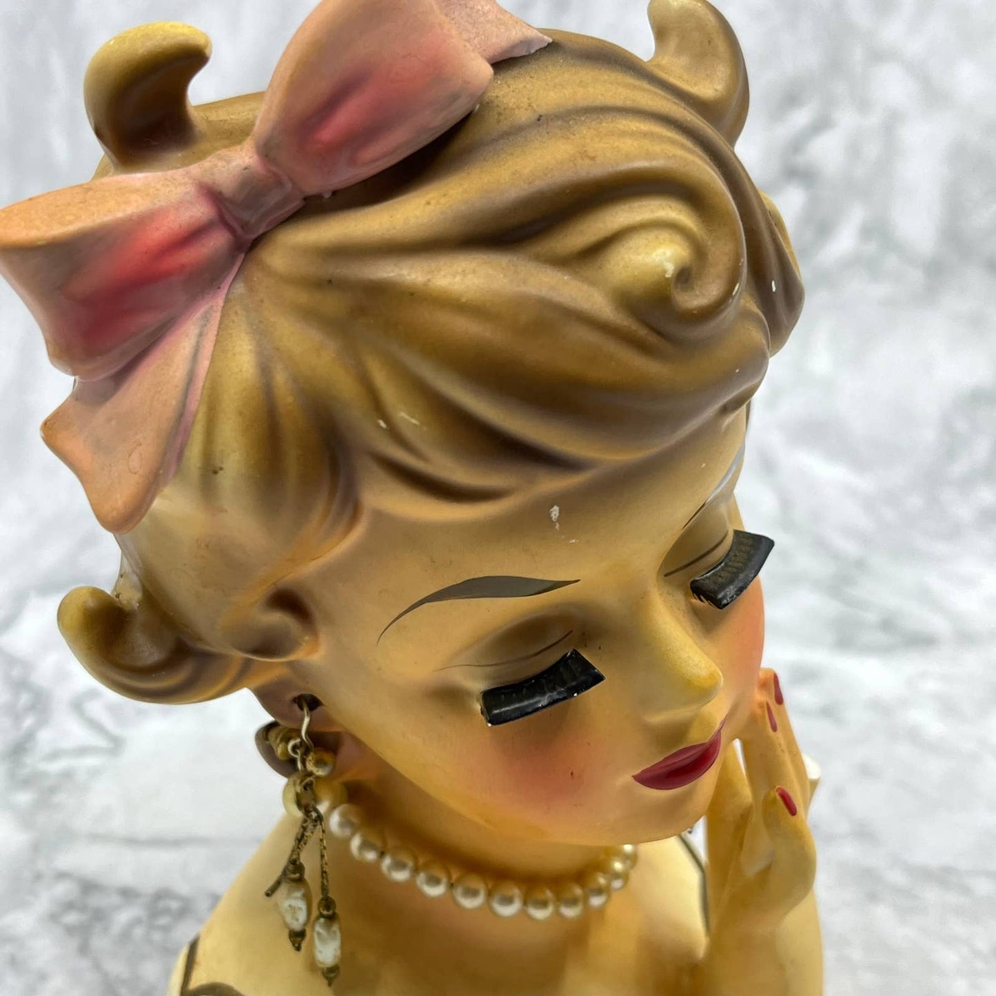Vintage Rubens #488 Lady Head Vase Brown Hair Pearl Necklace and Earrings TJ2