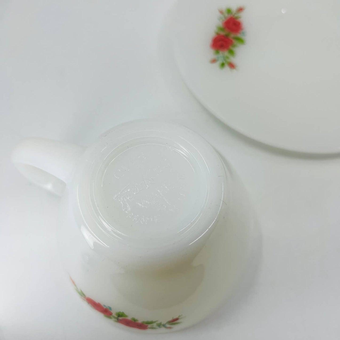 1950s MCM Fire King Cup & Saucer Set Milk Glass Red Rose Pattern TC8