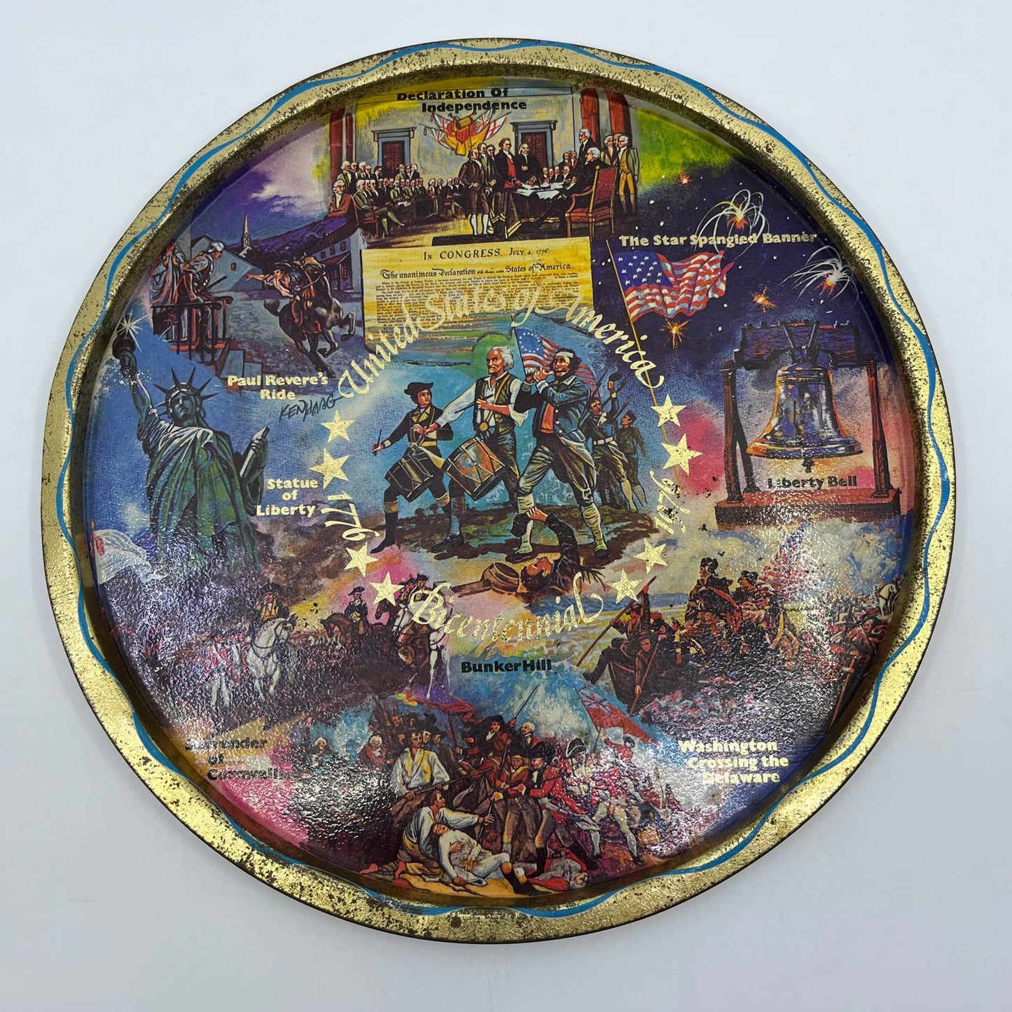 Vintage Black & Gold Metal State Souvenir Plate Tray US Bicentennial 11” TH2-1