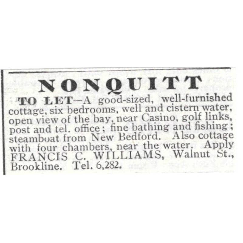 Nonquitt Home to Let New Bedford Francis C. Williams - 1903 Original Ad TJ8-7-7