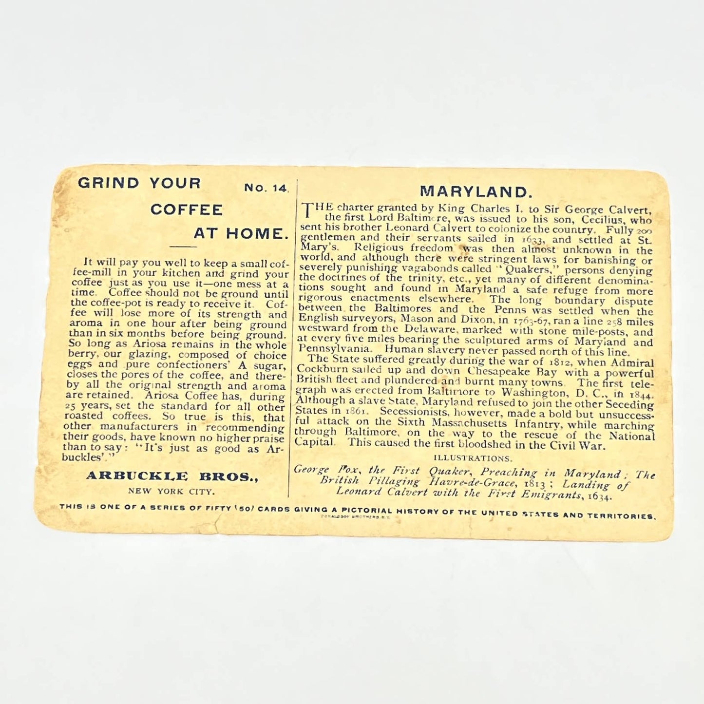 1892 Victorian Trade Card Arbuckle Coffee Maryland Colonial Settler Scenes AB6