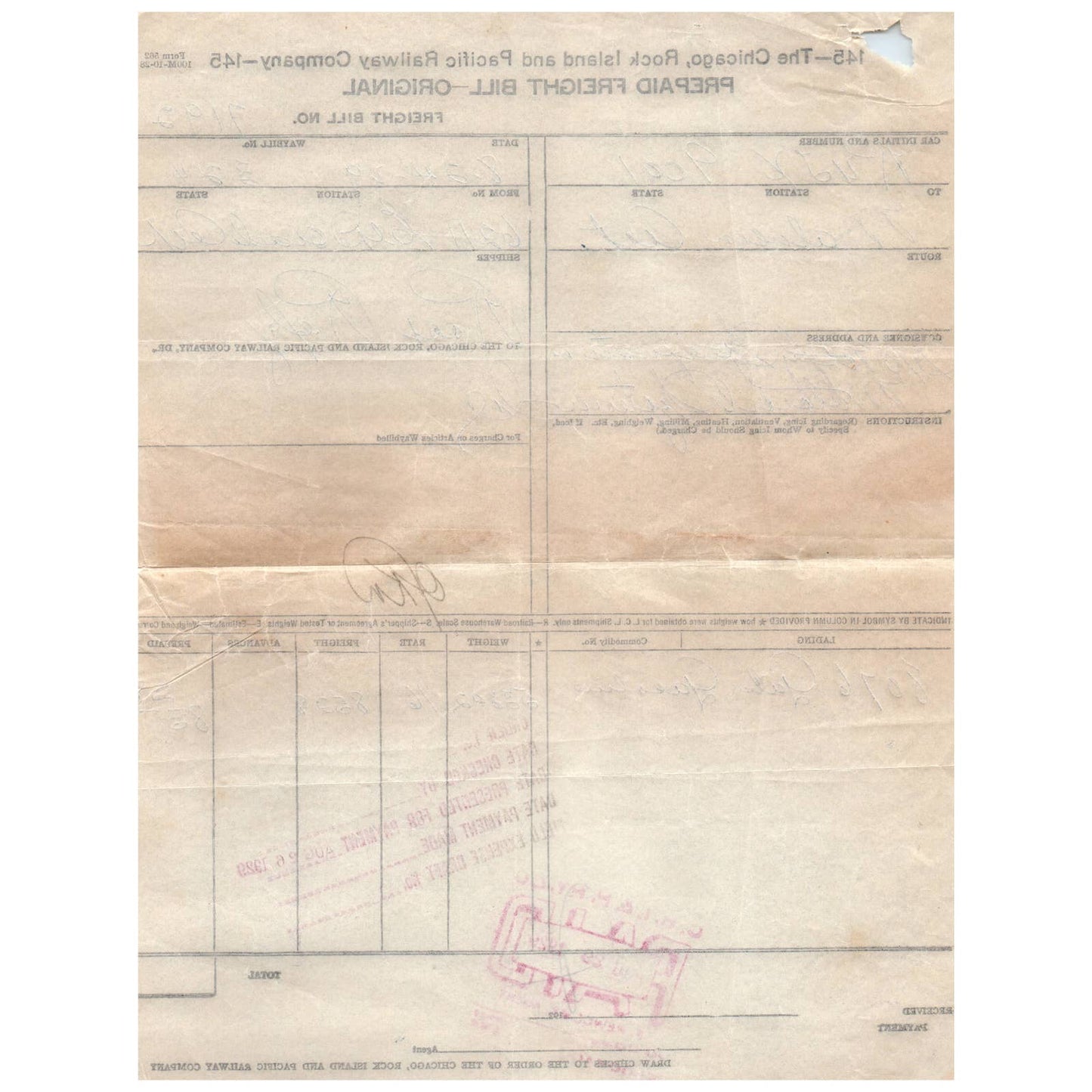 1929 The Chicago, Rock Island and Pacific Railway Company Freight Bill AD1