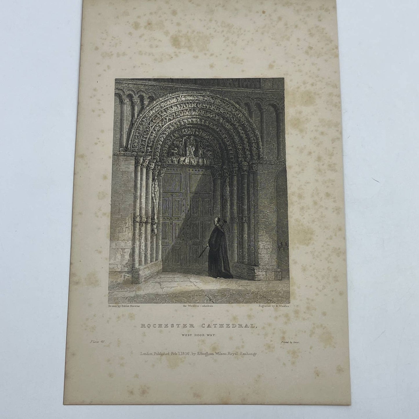 1836 Original Art Engraving Rochester Cathedral View of the West Door Way AC6