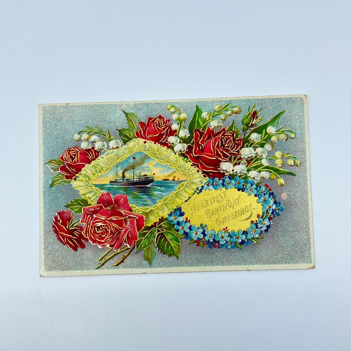 1910s Postcard Birthday Embossed Steamship Gilt SC9