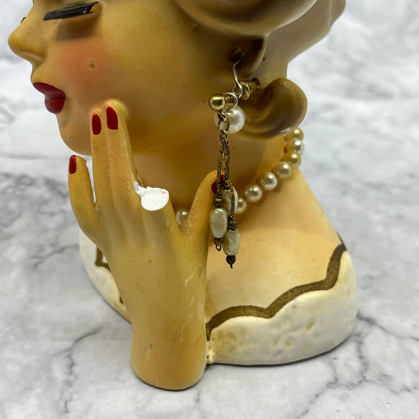 Vintage Rubens #488 Lady Head Vase Brown Hair Pearl Necklace and Earrings TJ2