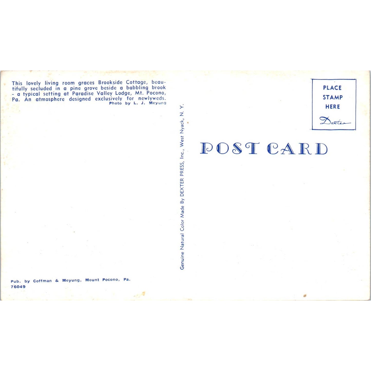 Vintage Postcard Brookside Cottage at Paradise Valley Lodge Mt. Pocono PA TD8-P2