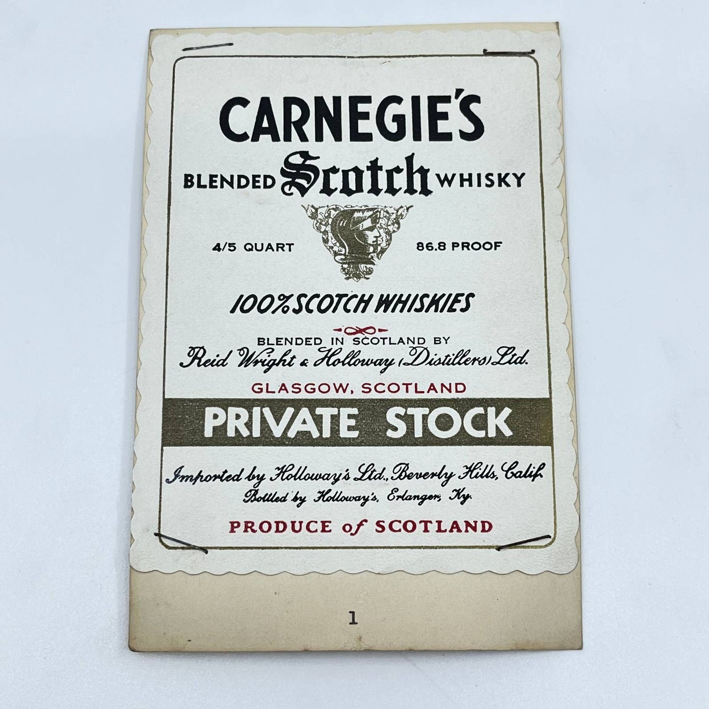 Carnegie’s Scotch Whiskey Label Glasgow Scotland Holloway’s Erlanger KY