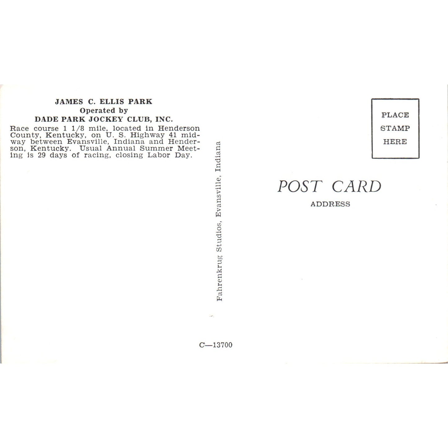 James C. Ellis Park Dade Park Jockey Club Original Postcard P2-9