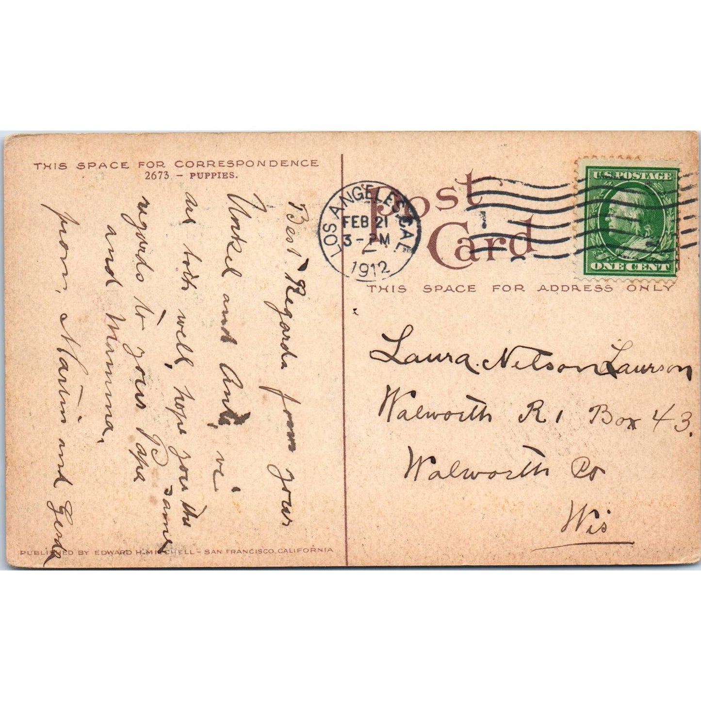 YOUNG GIRL WITH 4 PUPPY DOGS LOS ANGELES CA 1912 Original Postcard TK1-27