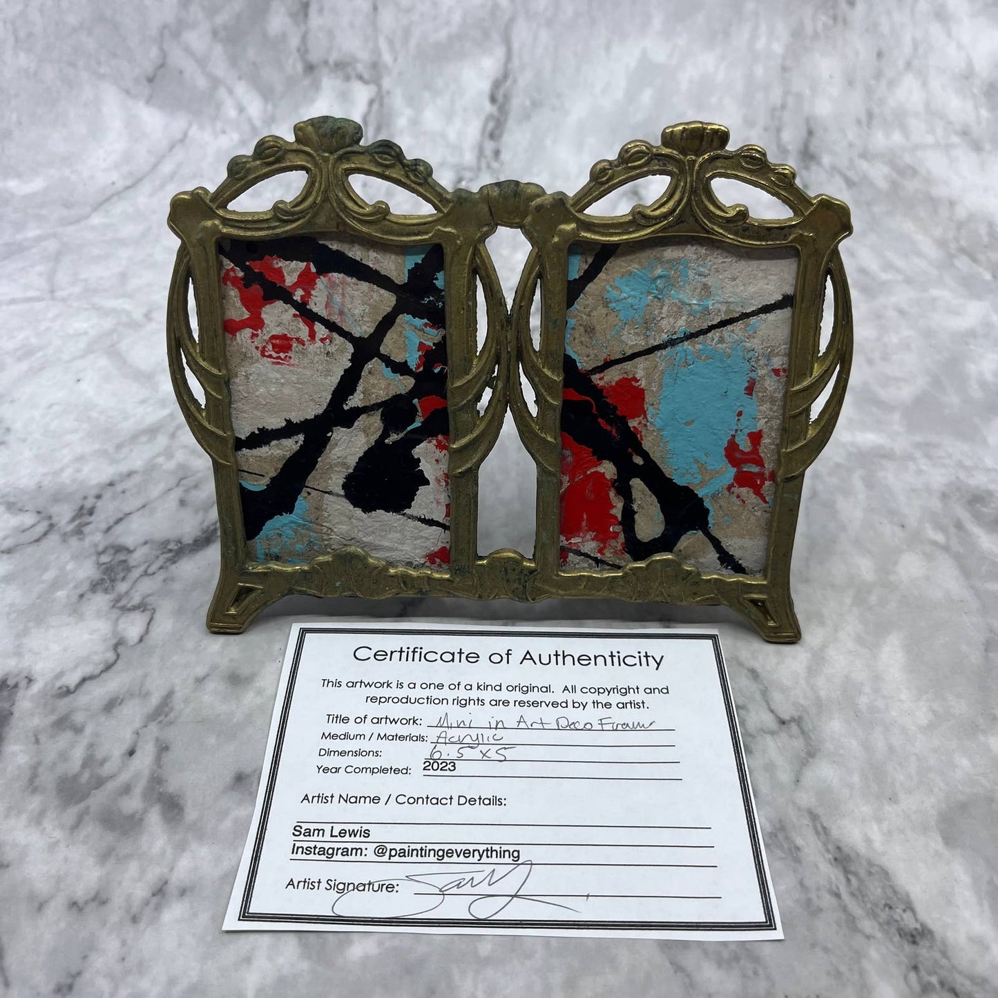 Original Framed Abstract Art Painting 6.5x5" Mini in Art Deco Brass With COA TC7