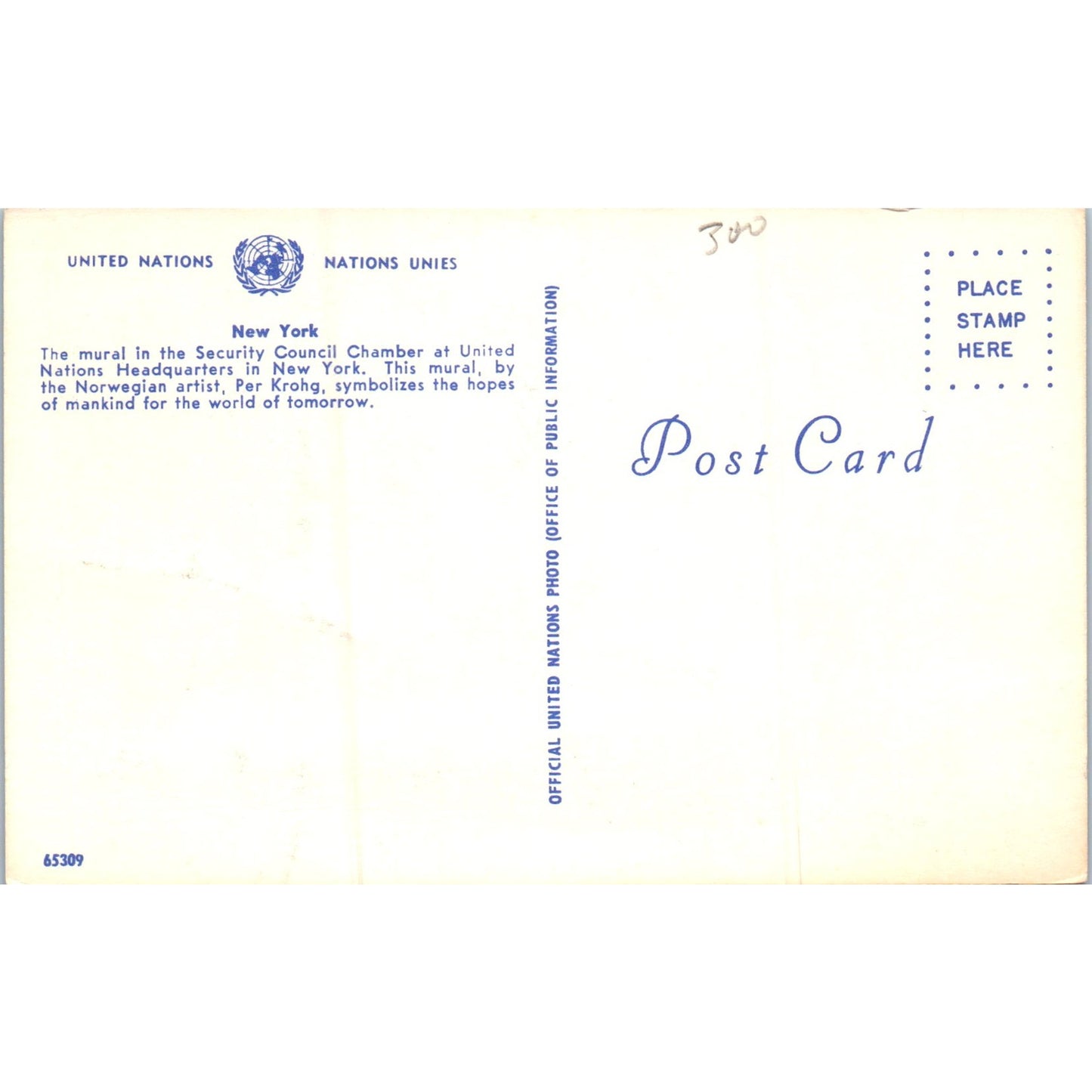 United Nations Security Council Chamber Mural Original Postcard P2-8